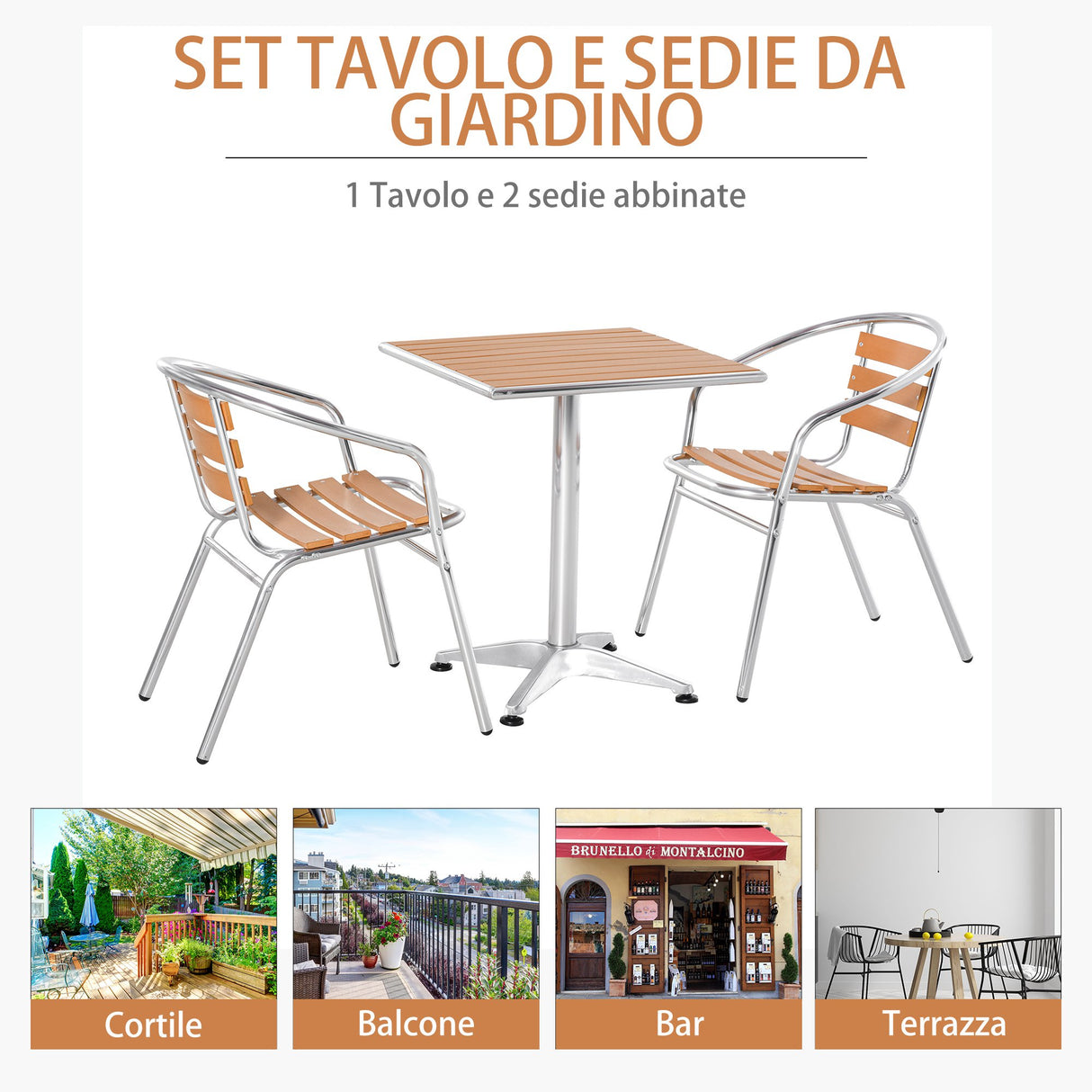easycomfort easycomfort set tavolo e 2 sedie da esterno in alluminio con finitura effetto legno