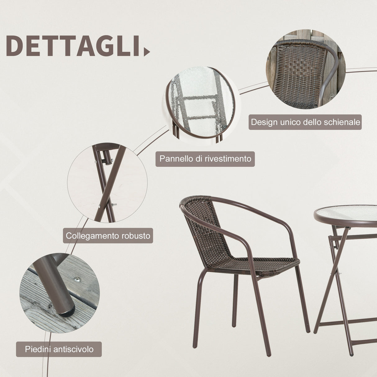 easycomfort easycomfort set tavolo pieghevole e 2 sedie da giardino in acciaio e rattan pe marrone