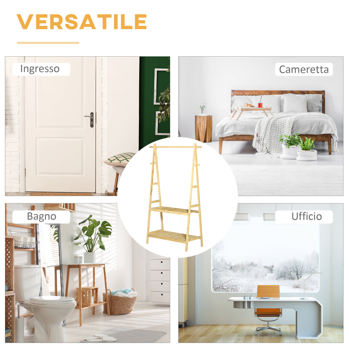 easycomfort easycomfort stand appendiabiti con 2 scaffali e 4 ganci laterali struttura in bambu 100l x 42p x 155acm color legno