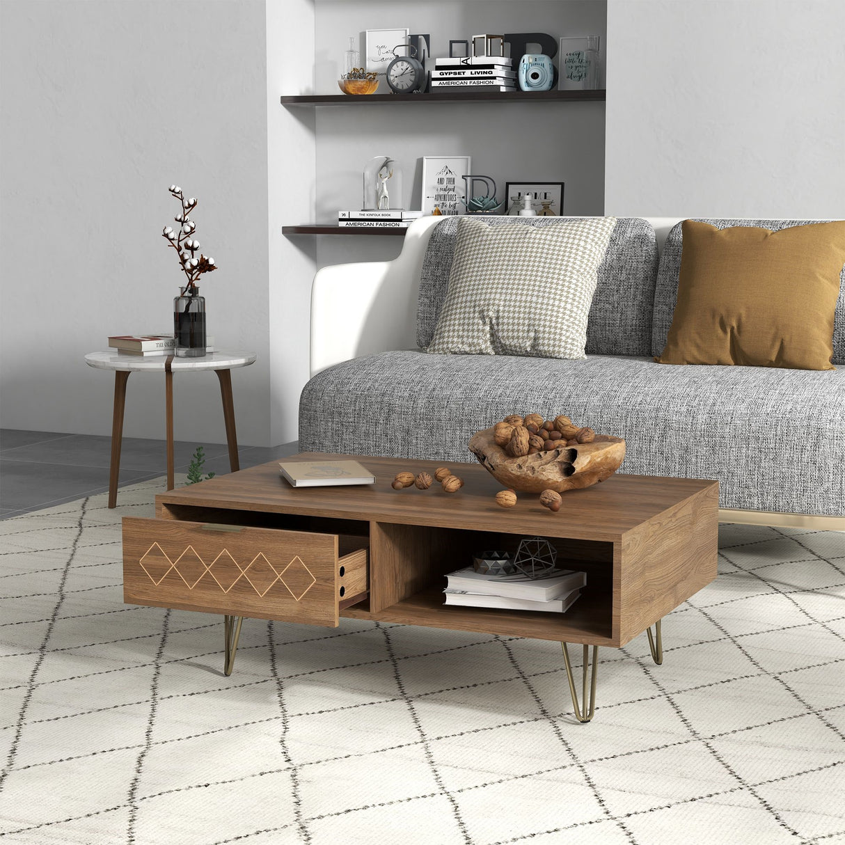 easycomfort easycomfort tavolino da caffe con 2 ripiani aperti e 2 cassetti in truciolato e metallo 95x62x36 5 cm