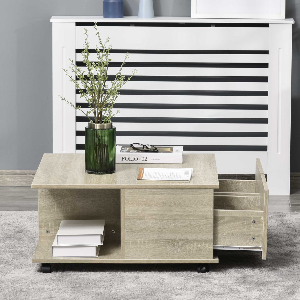 easycomfort easycomfort tavolino da caffe in legno con 2 cassetti 2 mensole e ruote con freno 70x70x35cm legno