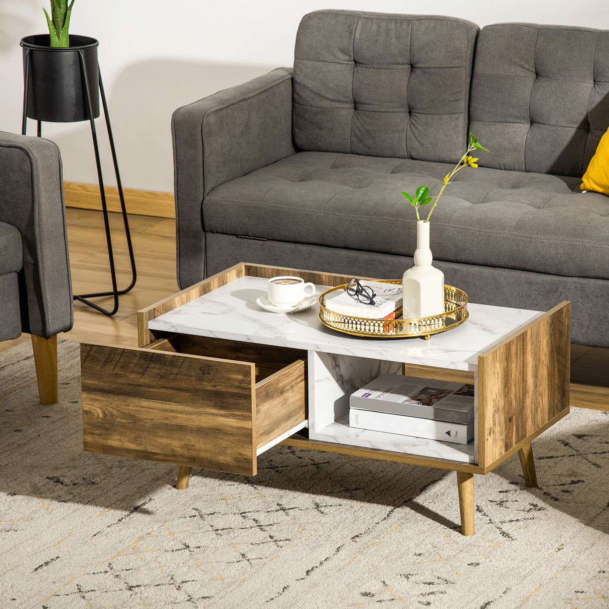 easycomfort easycomfort tavolino da caffe rettangolare con cassetto e ripiano 80x45x40 5cm marrone e bianco