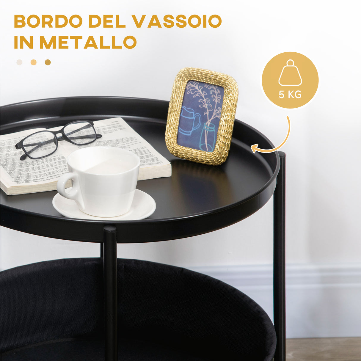 easycomfort easycomfort tavolino da caffe rotondo in acciaio con ripiano rimovibile e cestino in tessuto tavolino moderno nero 46x48cm