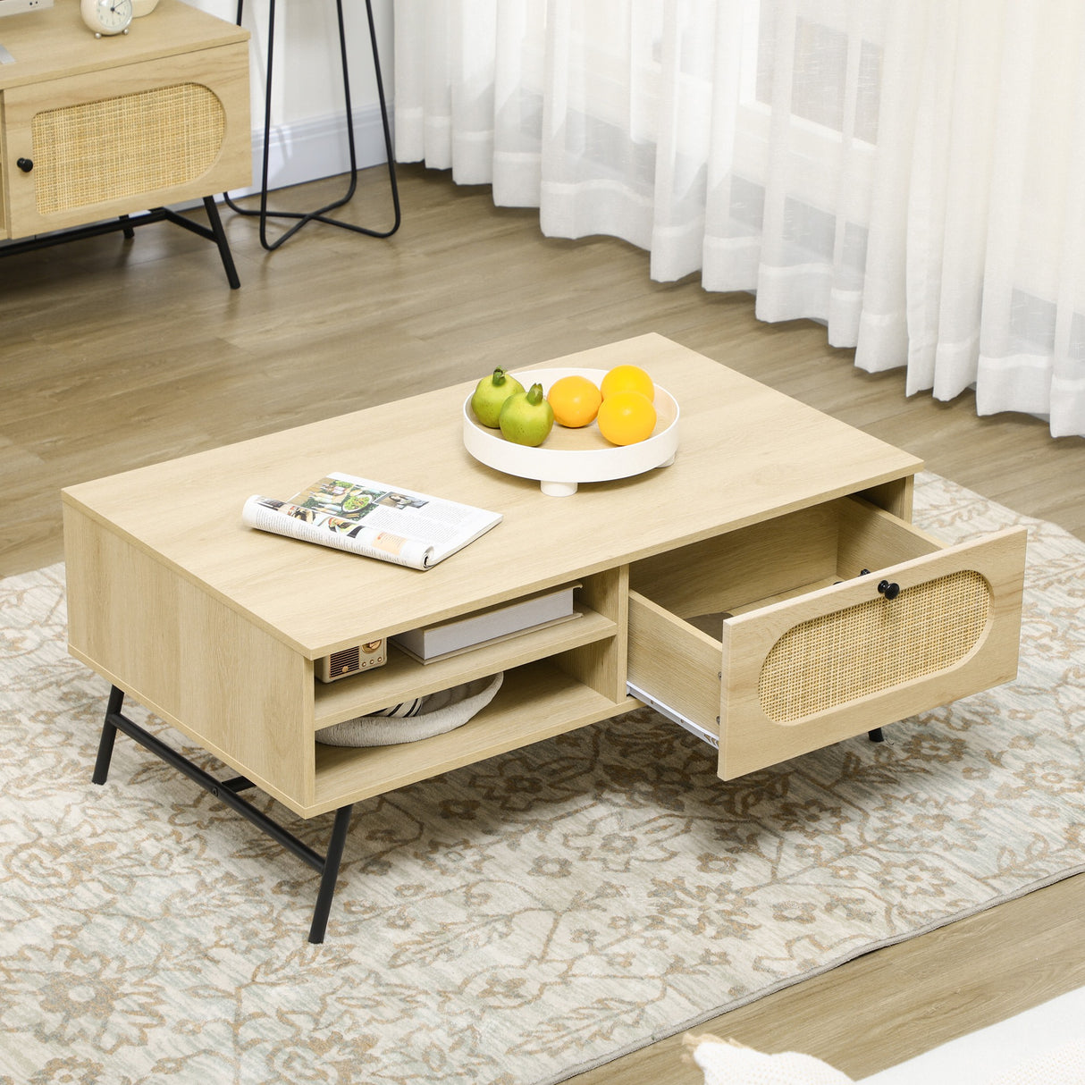 easycomfort easycomfort tavolino da salotto con cassetto e gambe in metallo stile boho 100x59 5x44 3cm naturale