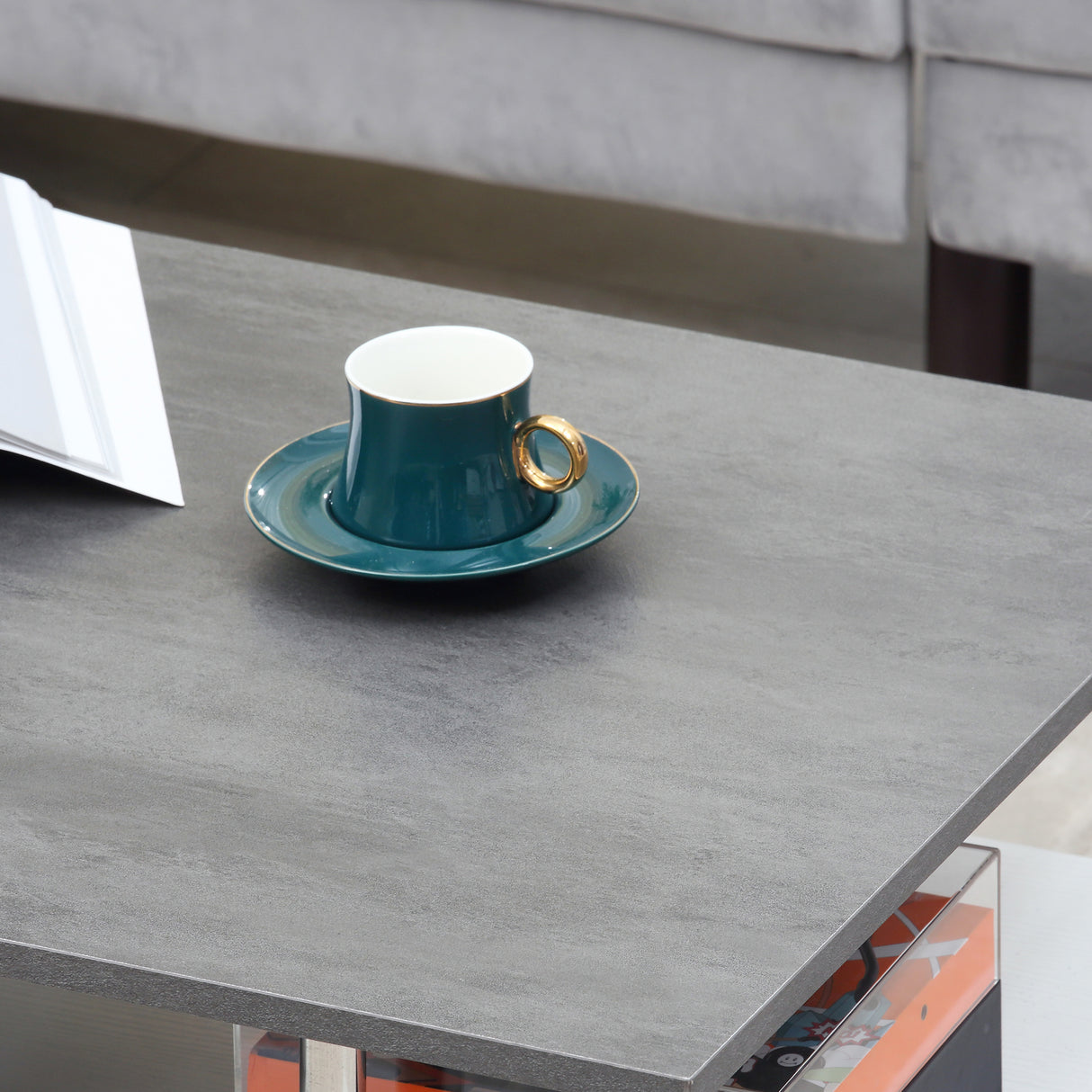 easycomfort easycomfort tavolino da salotto moderno a 2 livelli in truciolato e acciaio inox 90x60x42 cm bianco e cemento