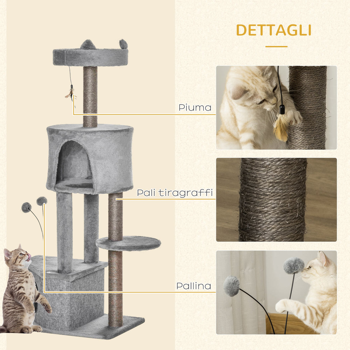 easycomfort easycomfort tiragraffi per gatti con cucce e rivestimento in peluche e feltro altezza 133cm grigio