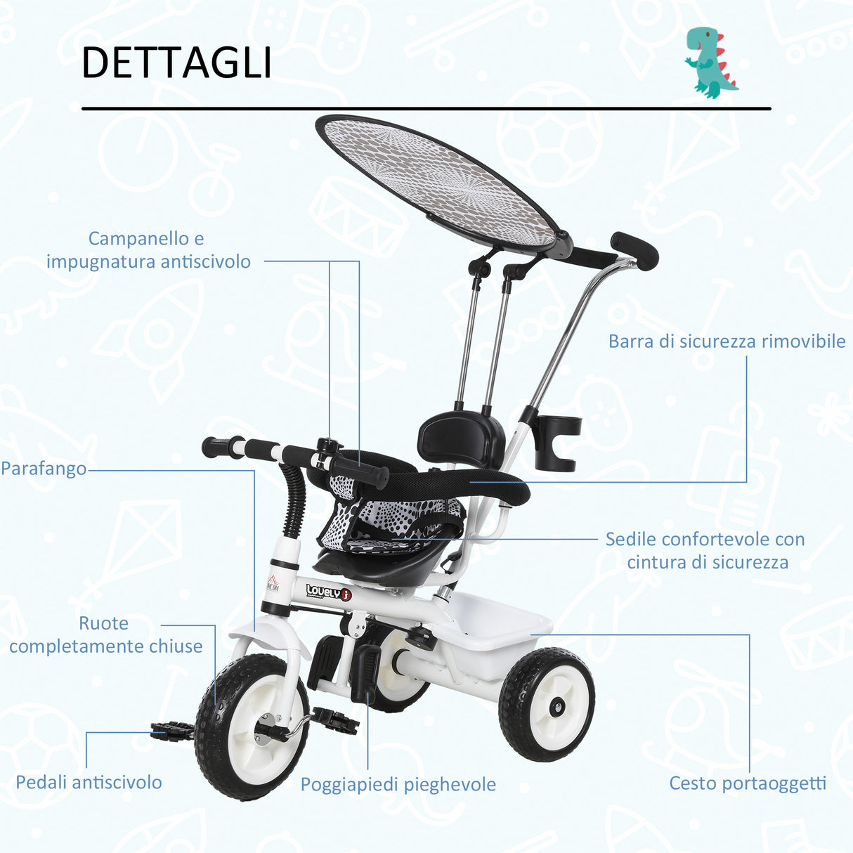 easycomfort easycomfort triciclo deluxe con maniglione parasole barra di protezione in metallo 103 x 47 x 101cm