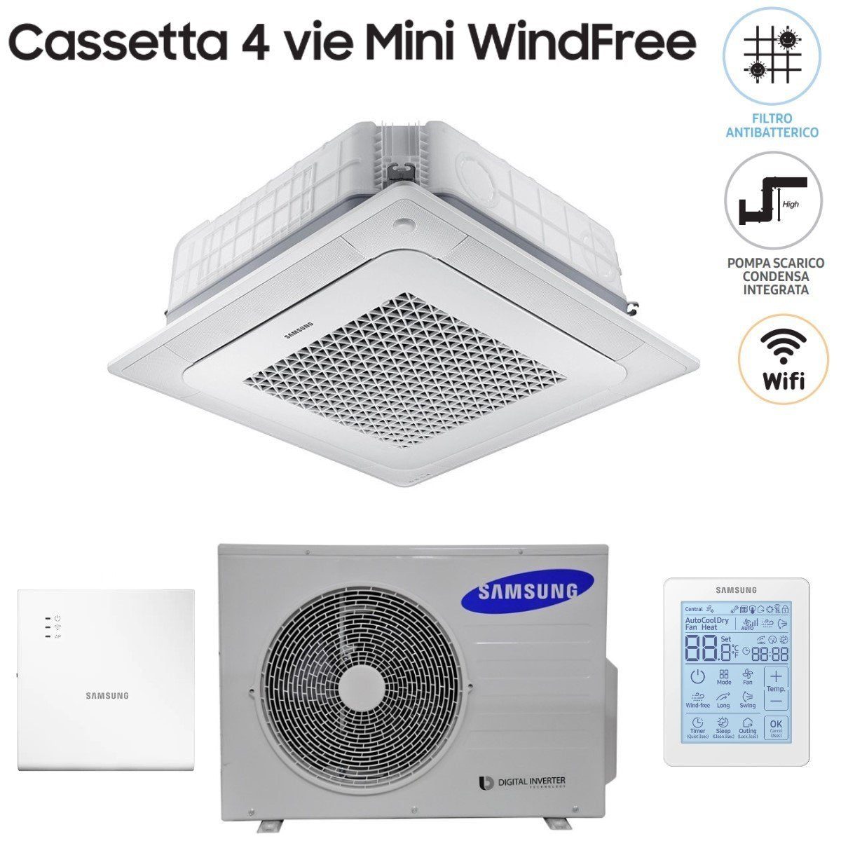 samsung climatizzatore condizionatore samsung mini cassetta 4 vie windfree 18000 btu ac052nnndkh r 410 wi fi optional con telecomando wireless e pannello incluso