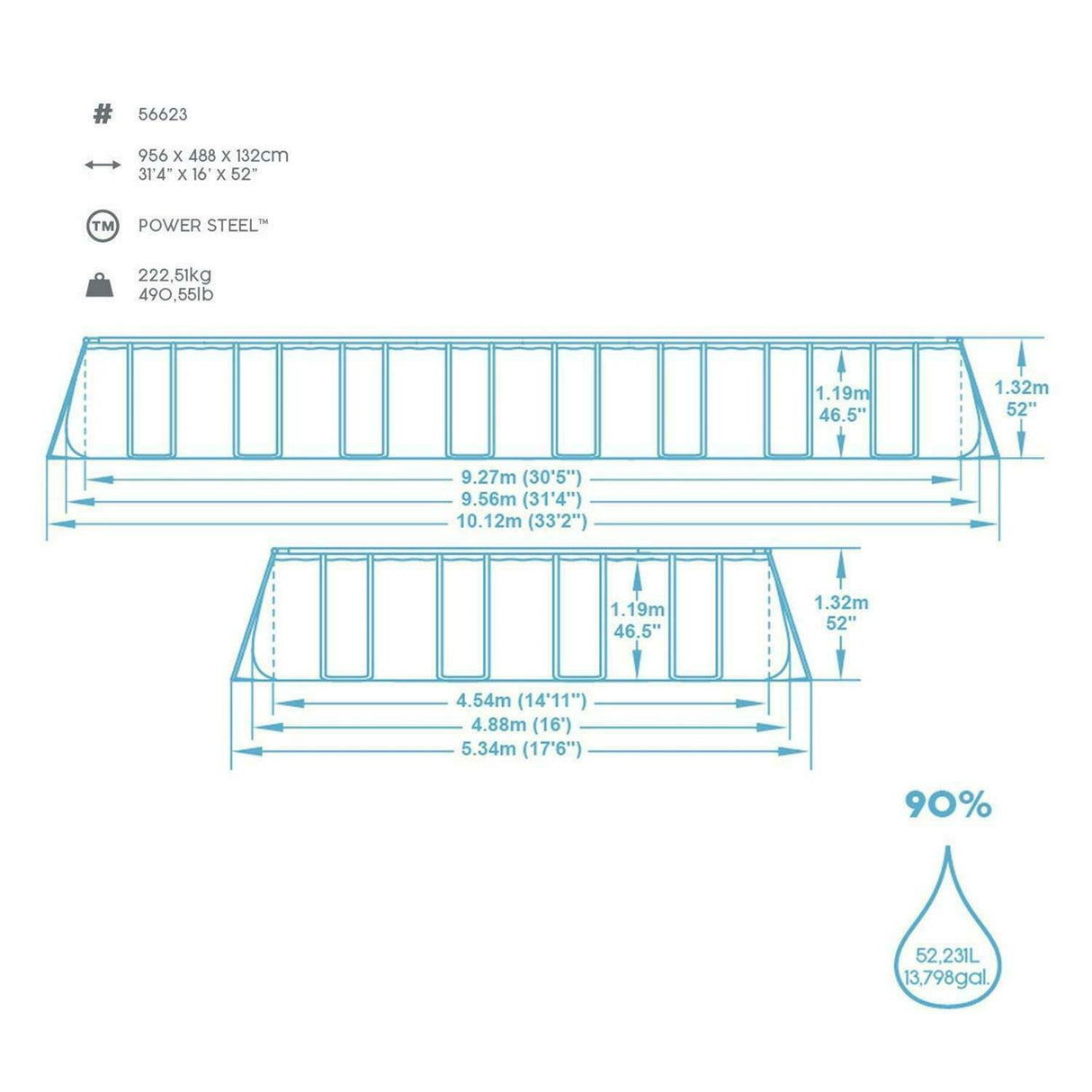 bestway piscina fuori terra bestwey 56623 power steel top di coperturascaletta rampa esternapompa filtrante 956x488x132h 52 231 litri