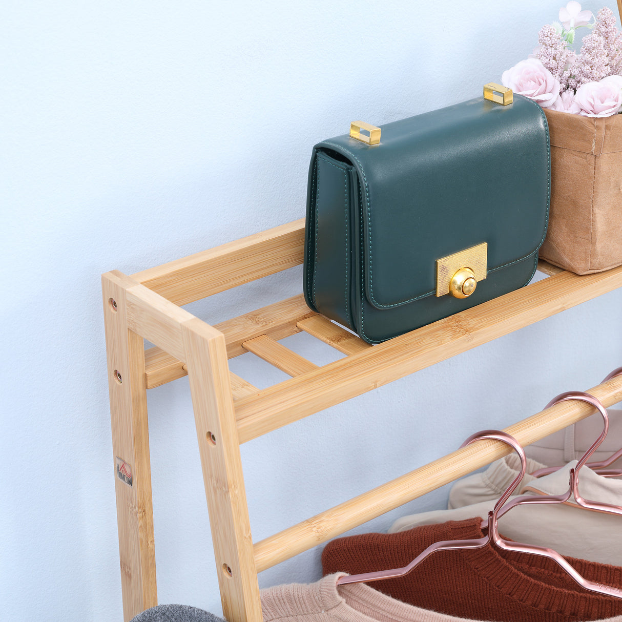 easycomfort easycomfort appendiabiti da terra in bambu con 2 ganci laterali e 2 ripiani inferiori aperti 82x36 8x140 cm color legno