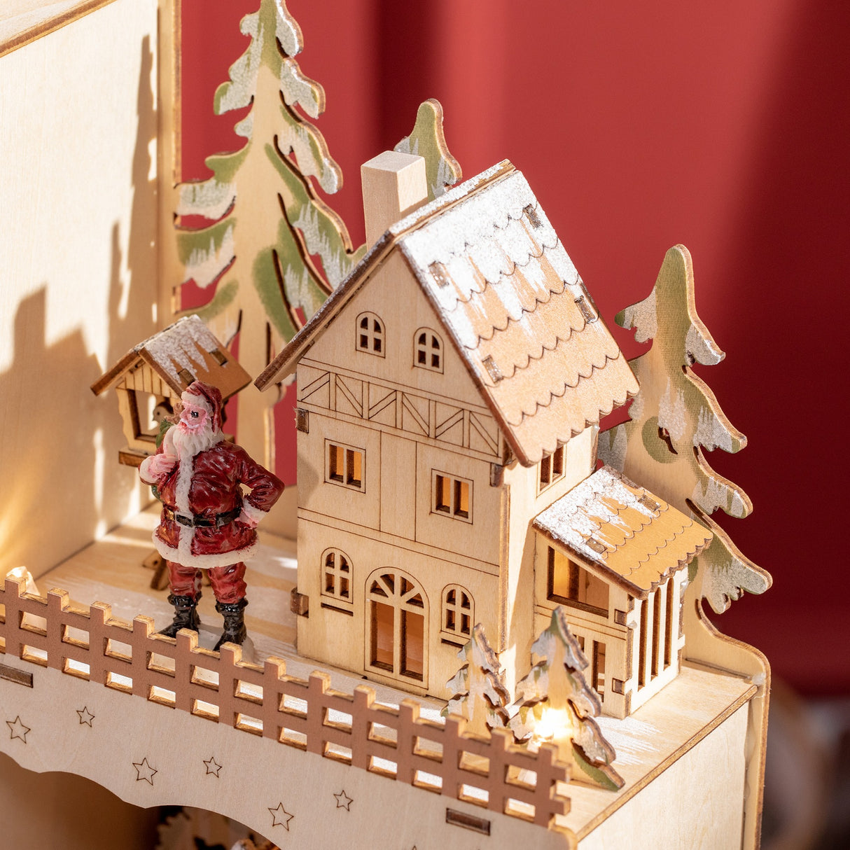 easycomfort easycomfort calendario avvento di natale rettangolare con motivi a tema e 12 luci a led 22x9x30 cm in compensato arancione