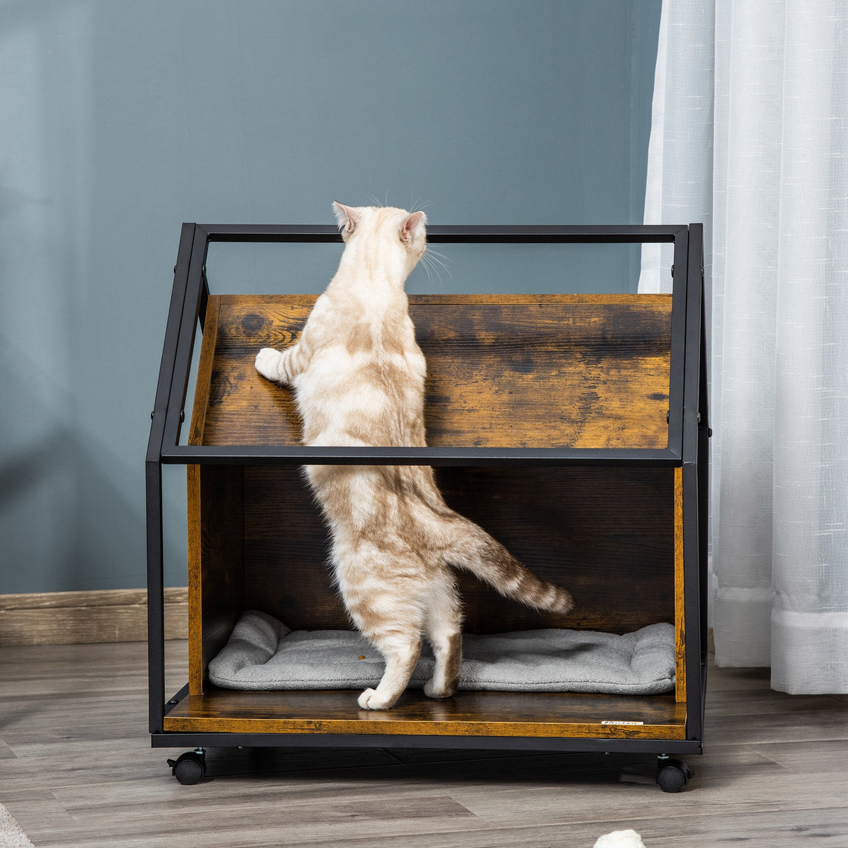 easycomfort easycomfort cuccia per gatti da interno con cuscino lavabile casetta per gatti in legno e acciaio stile industriale con 4 ruote marrone rustico