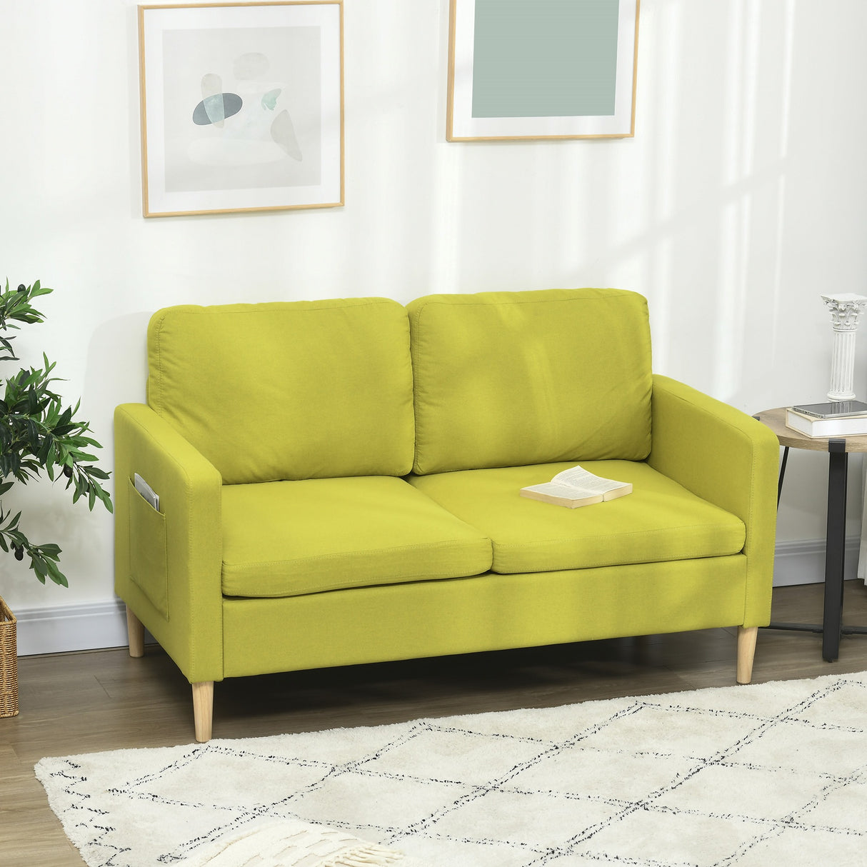 easycomfort easycomfort divano 2 posti in tessuto effetto lino con tasche laterali e cuscini 143x76x83 cm giallo