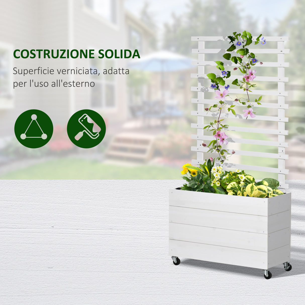 easycomfort easycomfort fioriera rialzata verticale da esterni con 4 ruote e traliccio per viti in legno 76x30x155cm bianca