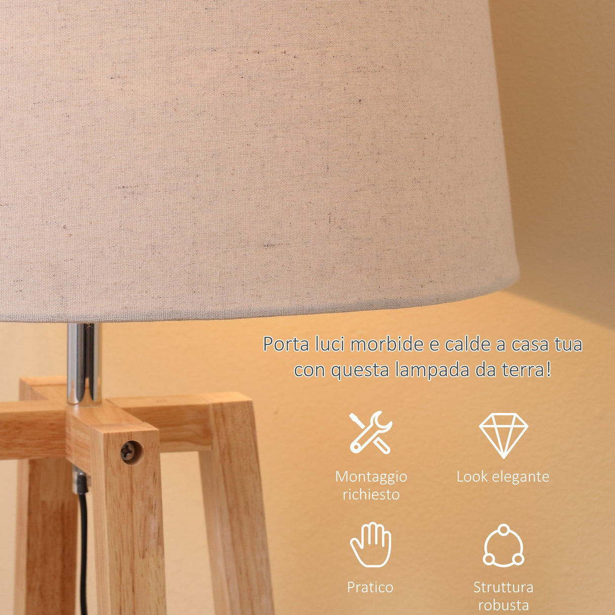 easycomfort easycomfort lampada da terra con base in legno e paralume in tessuto e27 40w 44x149cm biancolegno