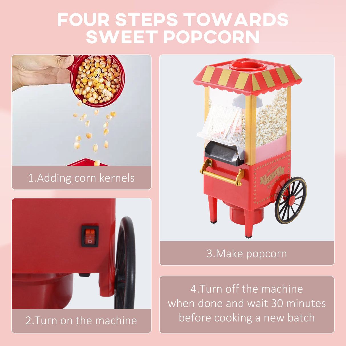 easycomfort easycomfort macchina per pop corn 1200w stile retro con vaschetta in alluminio 22x19x39cm rosso