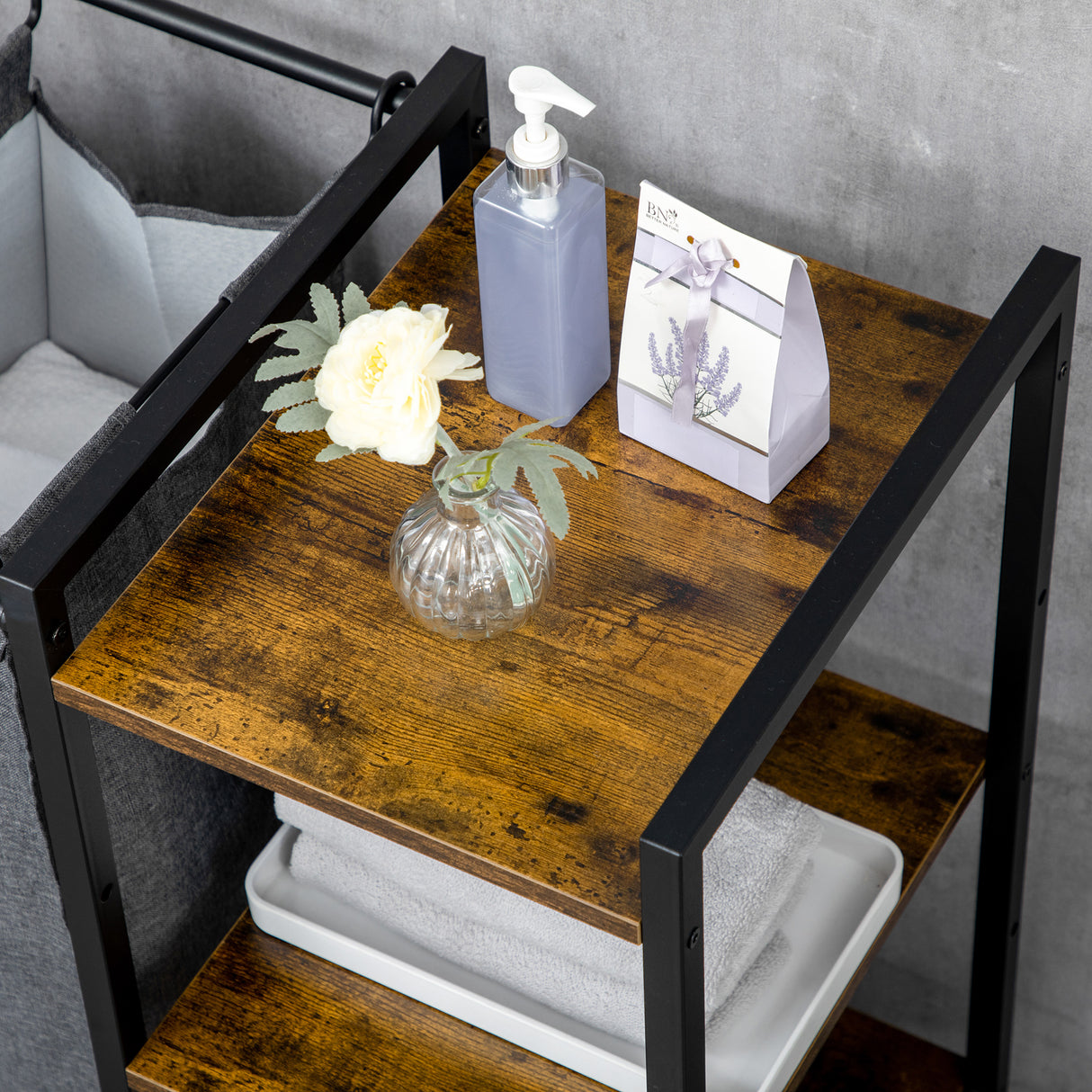 easycomfort easycomfort mobile portabiancheria in stile industriale con 3 sacchi in tessuto e 3 ripiani 106x40x75cm