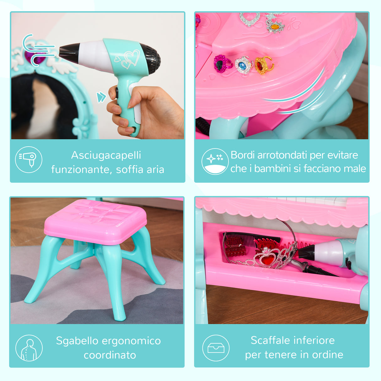 easycomfort easycomfort set 2 in 1 da 32pz per bambine 3 6 anni tavolo per trucco con accessori e pianoforte 49 5x23x66 cm blu e rosa