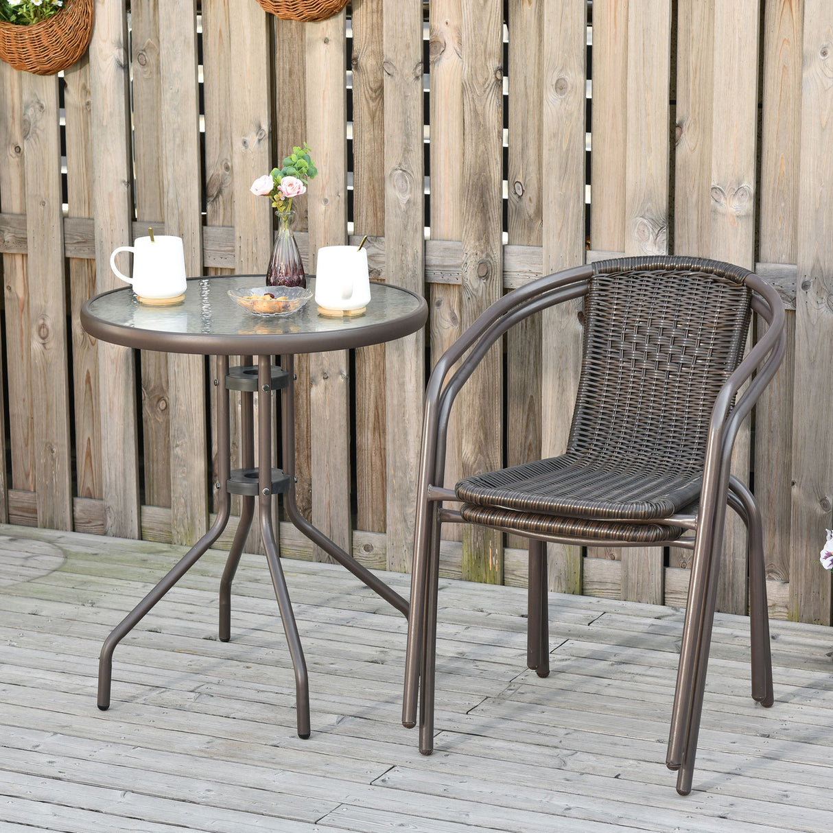 easycomfort easycomfort set tavolo in vetro e 2 sedie da giardino in acciaio e rattan pe marrone