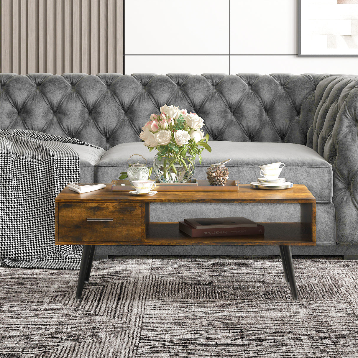 easycomfort easycomfort tavolino da caffe per soggiorno in stile industriale tavolino da salotto moderno con 1 cassetto e 1 ripiano 110x55x45cm nero e color legno ean 8054144132709