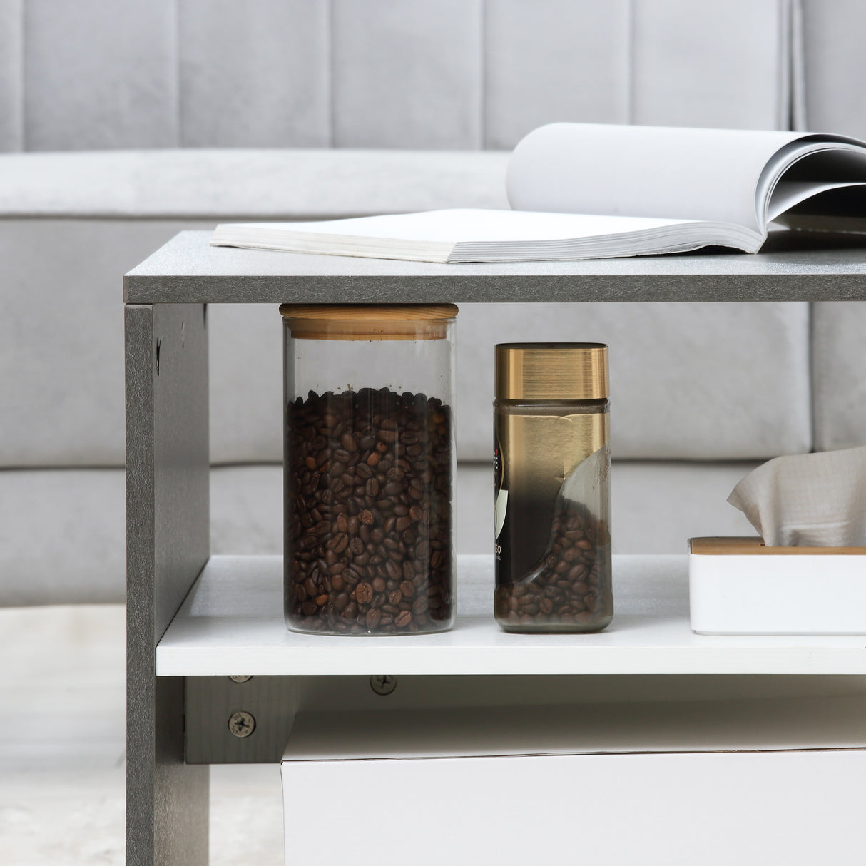 easycomfort easycomfort tavolino da salotto moderno a 2 livelli in truciolato e acciaio inox 90x60x42 cm bianco e cemento