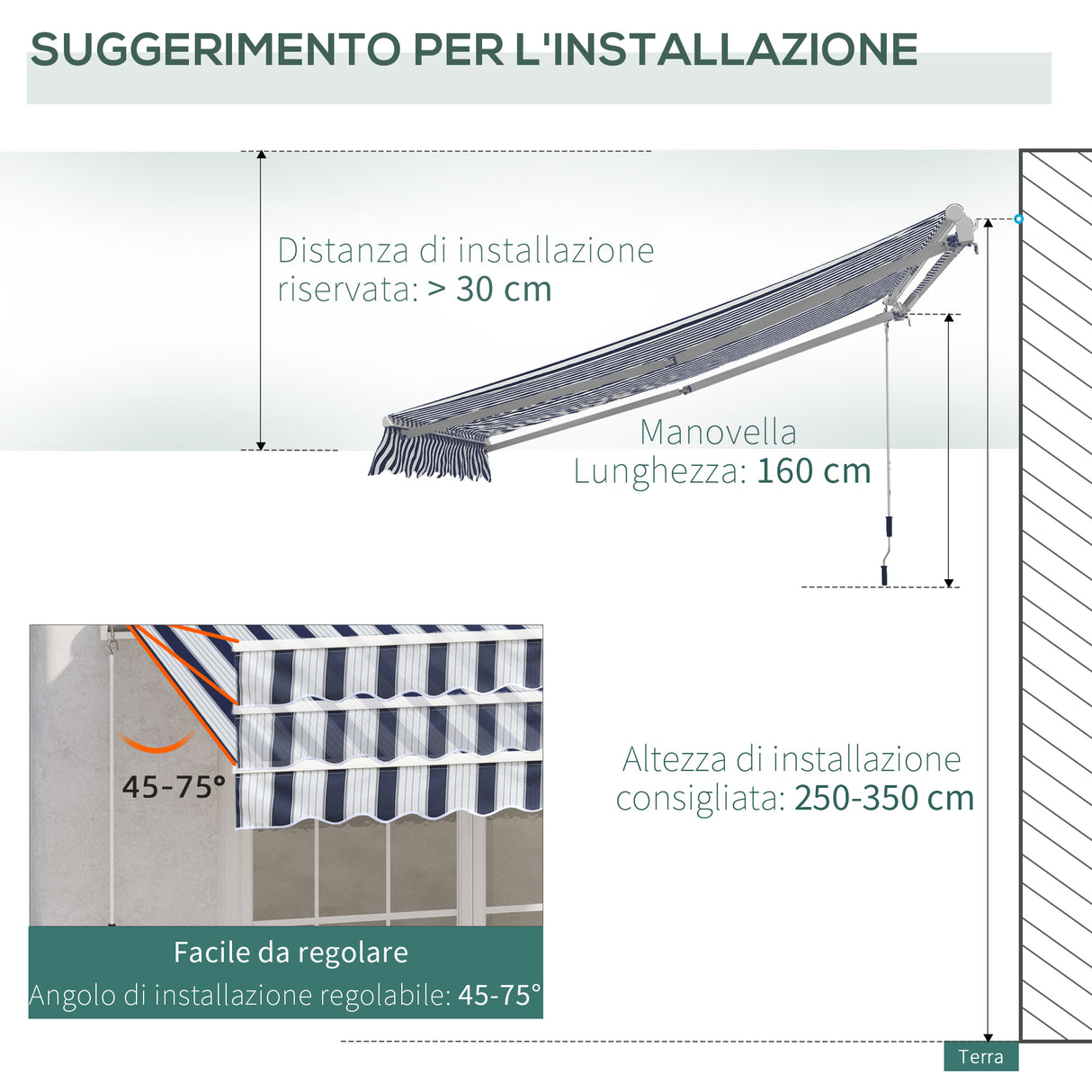 easycomfort easycomfort tenda da sole a bracci per esterno con manovella metallo e poliestere 3x2 5m blu e bianco