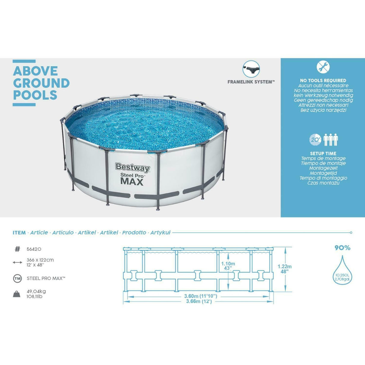 bestway piscina fuori terra bestway 56420 frame pool steel pro 366x122h top di coperturascaletta rampa esternapompa filtrante 10 250 litri