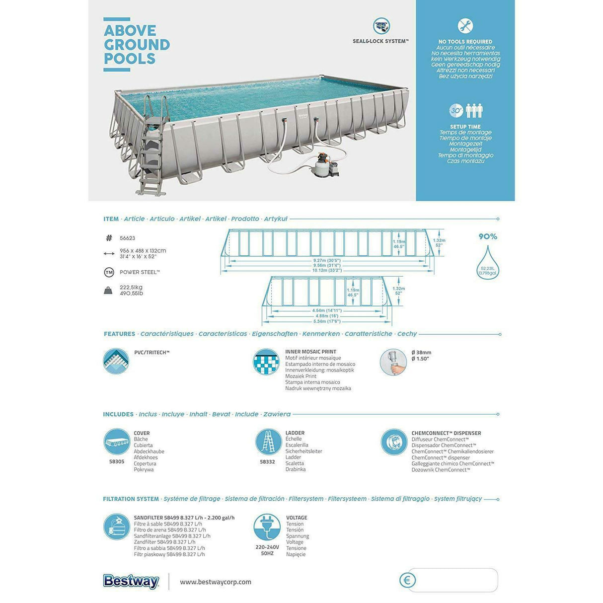 bestway piscina fuori terra bestwey 56623 power steel top di coperturascaletta rampa esternapompa filtrante 956x488x132h 52 231 litri