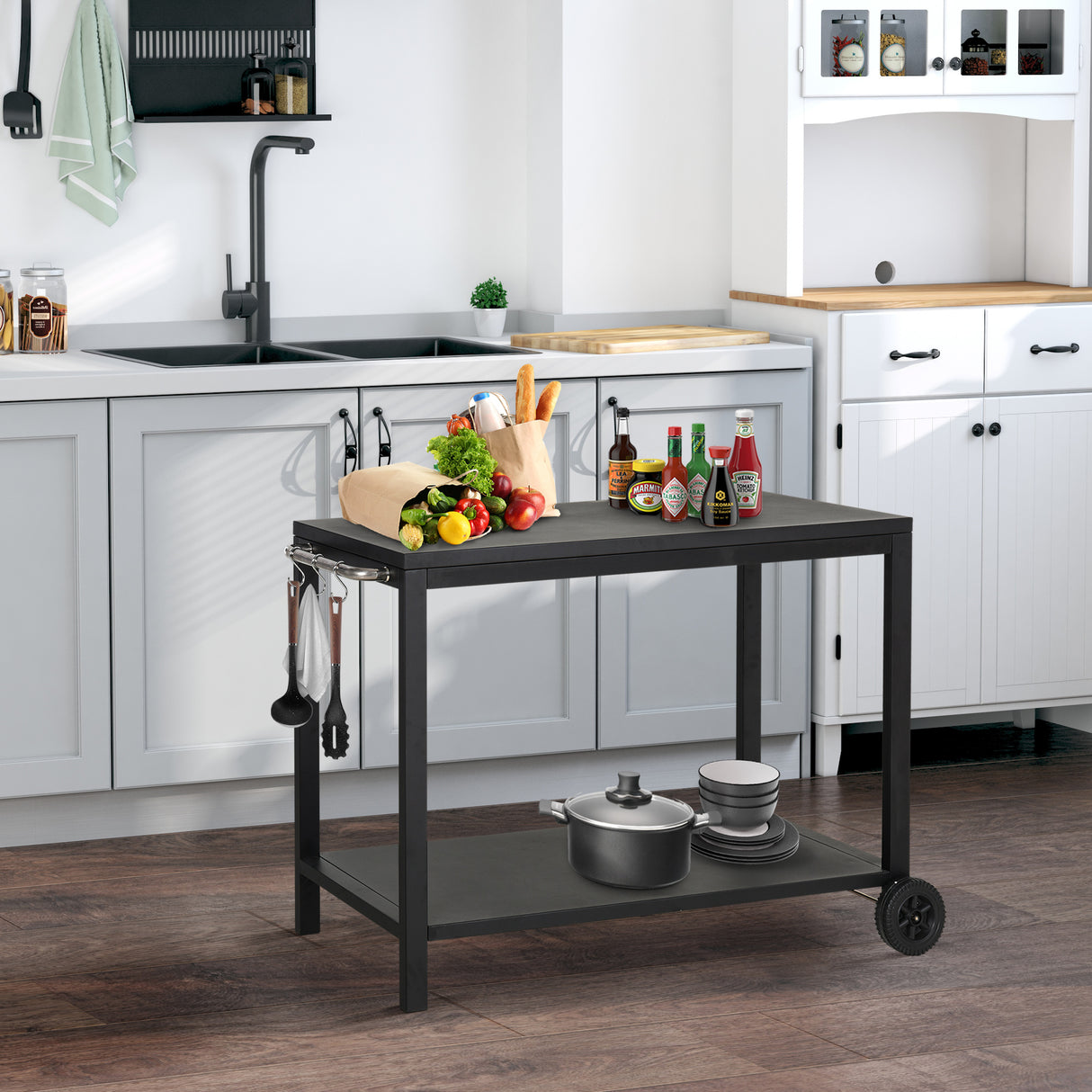 easycomfort easycomfort carrello da cucina a 2 livelli con maniglie e ganci laterali in acciaio 128x46 5x86 5 cm nero