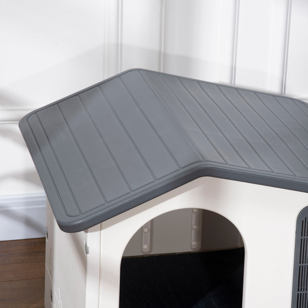 easycomfort easycomfort casetta per cani rialzata con vassoio per 2 ciotole finestre e cuscino in gommapiuma 70x64x56cm grigia e bianca