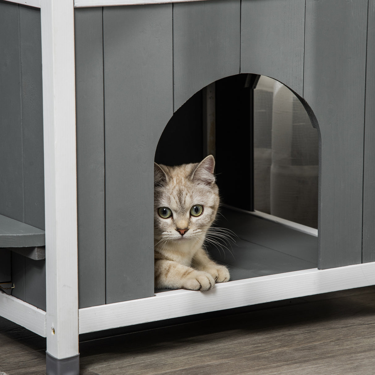 easycomfort easycomfort casetta per gatti da esterni con 2 ingressi 2 gradini e 1 balcone cuccia per gatti in legno dabete 60x46x65 cm grigia