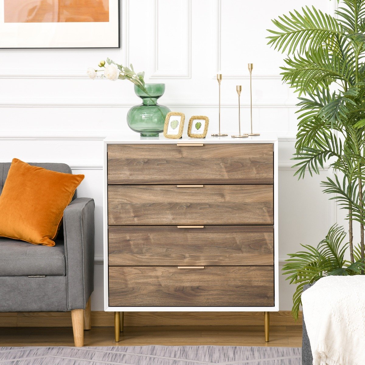 easycomfort easycomfort cassettiera 4 cassetti con maniglie e piedini dorati in legno bianco e noce