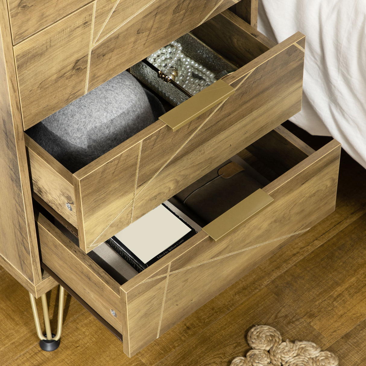 easycomfort easycomfort mobile cassettiera a 4 cassetti in legno truciolare e gambe in acciaio 48x21x79cm legno e oro