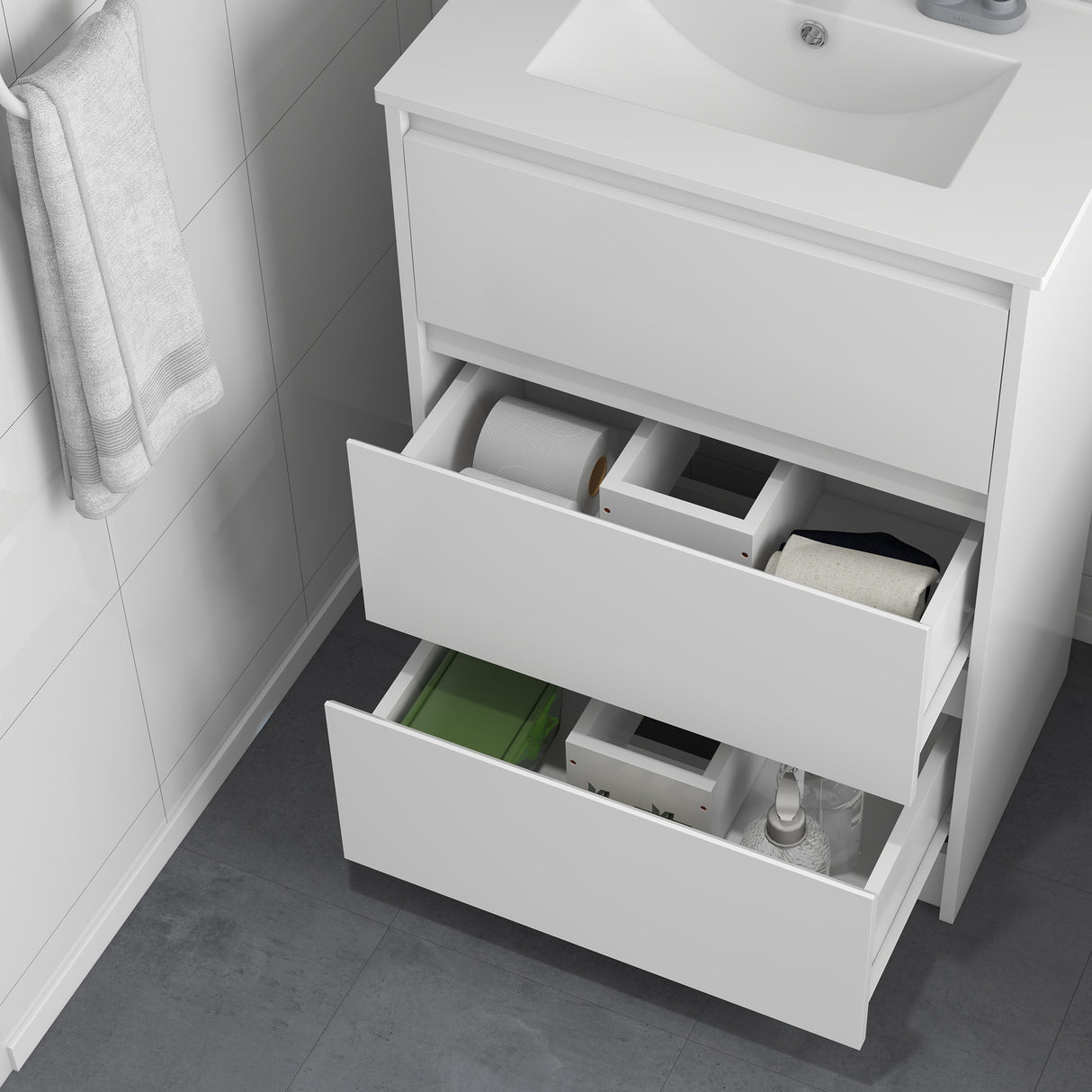 easycomfort easycomfort mobiletto bagno a 2 cassetti in truciolato con lavabo in ceramica sintetica 61x37x88 cm bianco