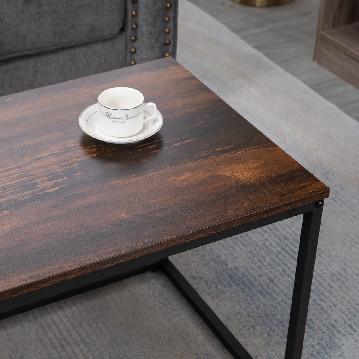 easycomfort easycomfort set 2 tavolini da caffe impilabili in stile industriale in legno e acciaio marrone e nero