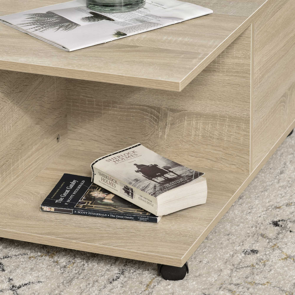 easycomfort easycomfort tavolino da caffe in legno con 2 cassetti 2 mensole e ruote con freno 70x70x35cm legno