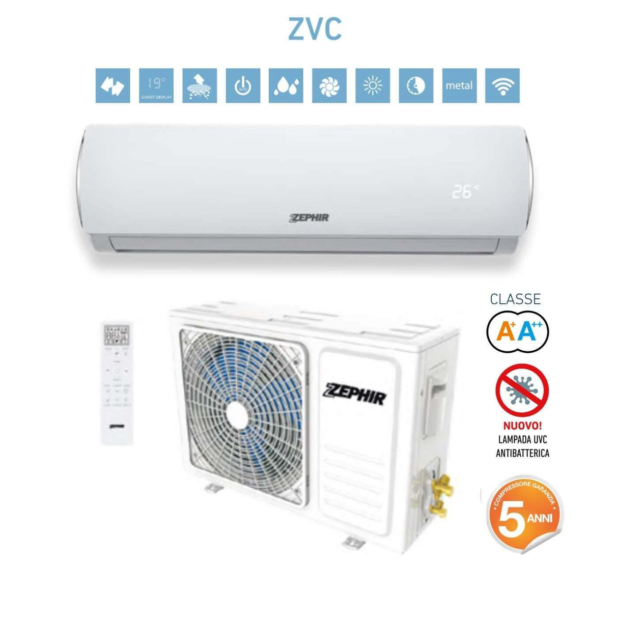 zephir pronta consegna climatizzatore zephir monosplit serie smart clean 9000 btu zvc 9000 gas r 32 classe aa garanzia 5 anni ean 8059657004482