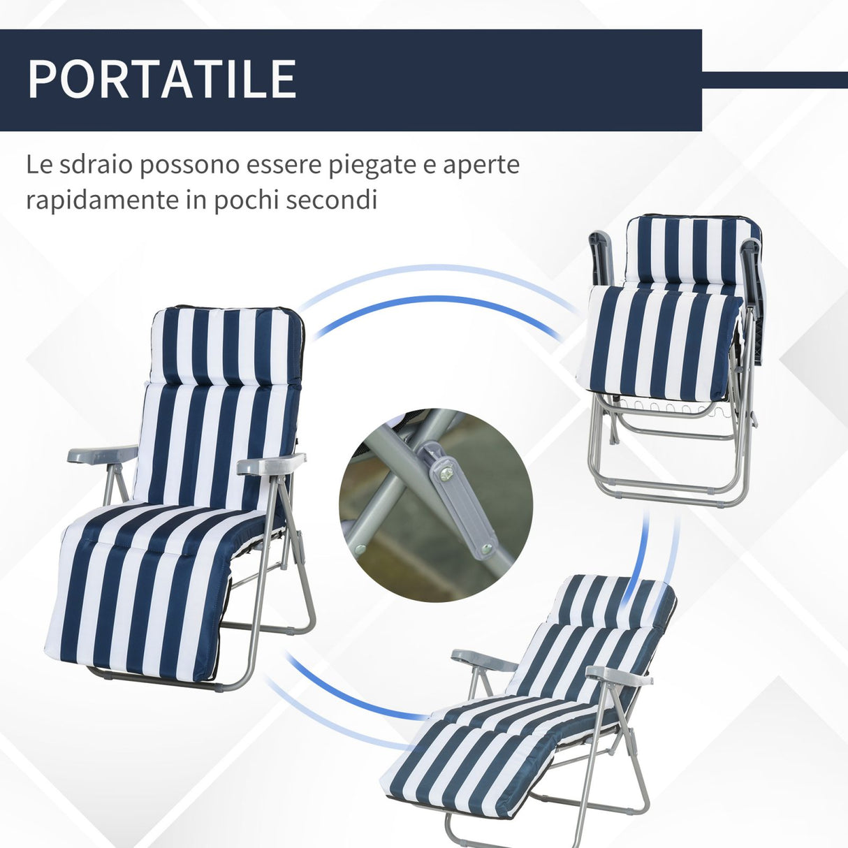 easycomfort easycomfort set 2 sedie a sdraio pieghevoli reclinabili con imbottitura a righe e braccioli bianco e blu ean 8055776915395