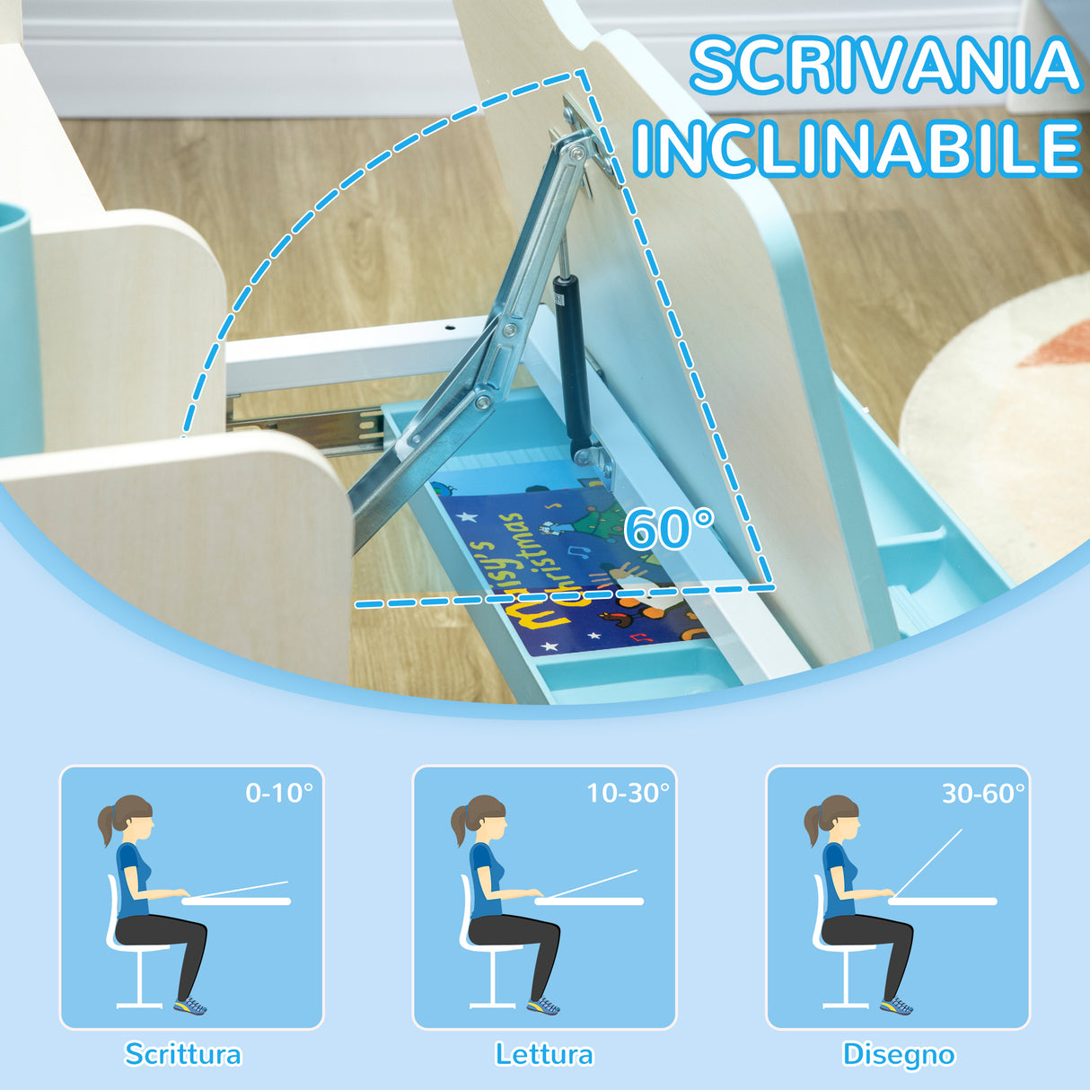 easycomfort easycomfort banco scuola con sedia per bambini 3 12 anni altezza regolabile e piano inclinabile azzurro