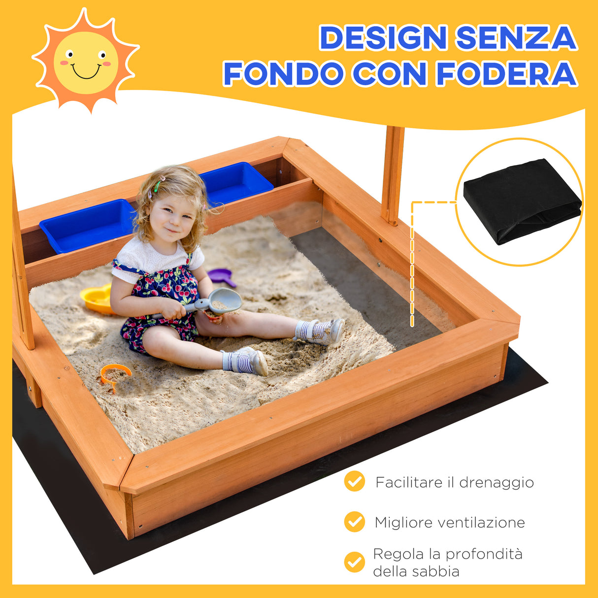 easycomfort easycomfort sabbiera per bambini in legno con tettuccio regolabile sedute e vaschette 107 5x107 5x110cm
