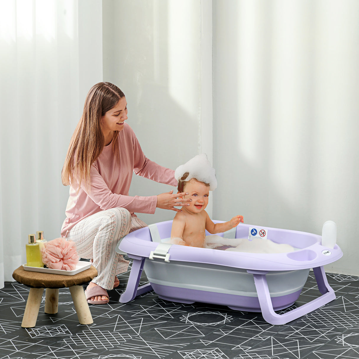 easycomfort easycomfort vaschetta bagnetto pieghevole bambini 0 6 anni con cuscino e 2 ripiani 83x48x23 5 cm viola e bianco