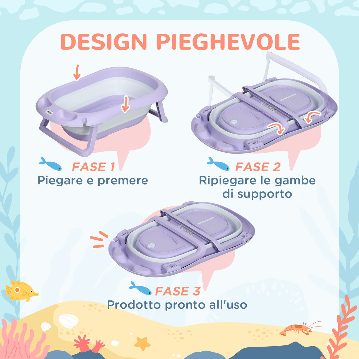 easycomfort easycomfort vaschetta bagnetto pieghevole bambini 0 6 anni con cuscino e 2 ripiani 83x48x23 5 cm viola e bianco