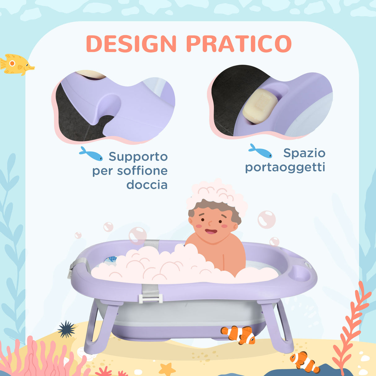 easycomfort easycomfort vaschetta bagnetto pieghevole bambini 0 6 anni con cuscino e 2 ripiani 83x48x23 5 cm viola e bianco