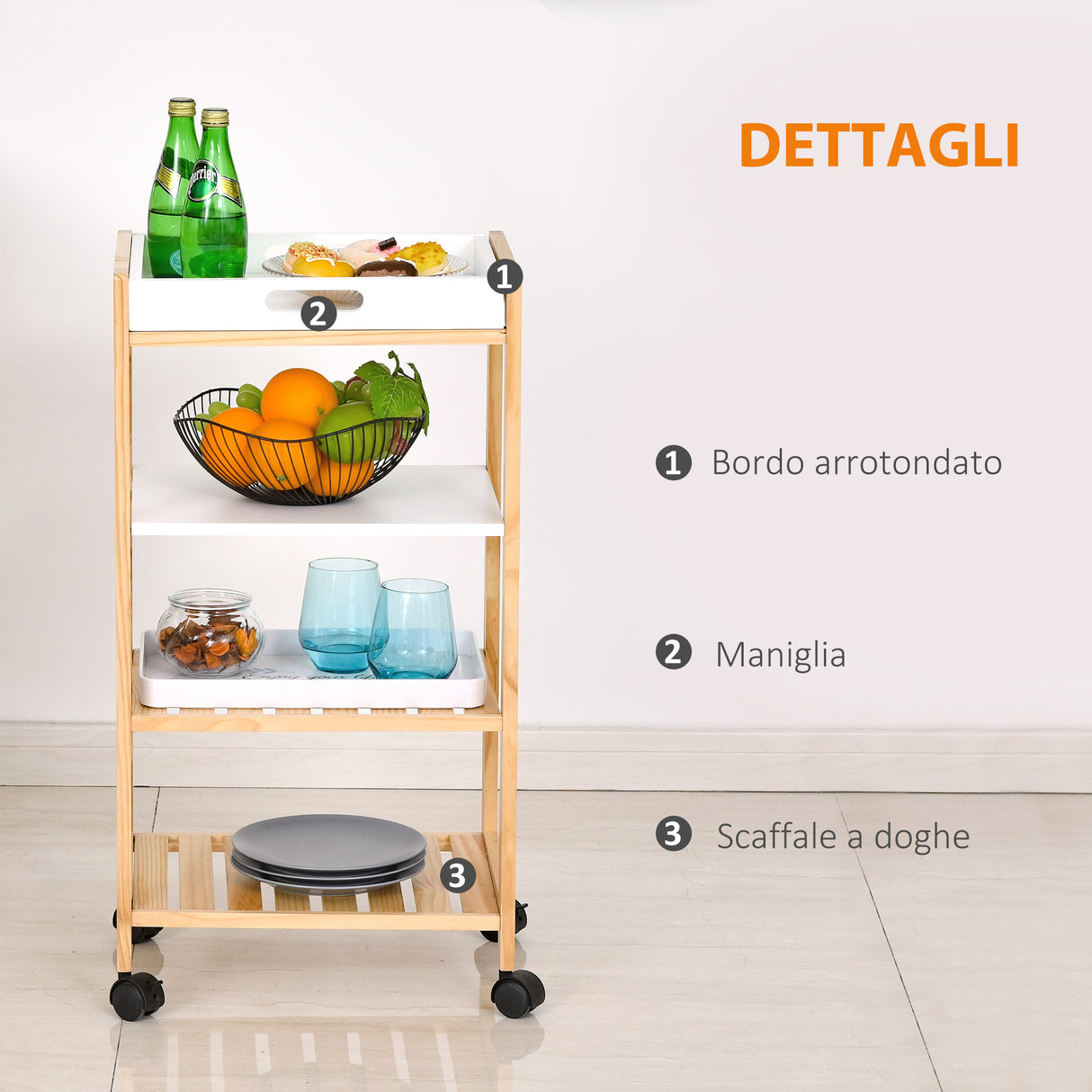 easycomfort easycomfort carrello da cucina a 4 livelli in mdf e legno di pino con 4 ruote girevoli 40x30x76 cm bianco e marrone