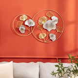 easycomfort easycomfort decorazione murale 3d in metallo wall art dorata con ginkgo in due cornici rotonde 138x70 cm oro e argento