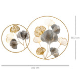 easycomfort easycomfort decorazione murale 3d in metallo wall art dorata con ginkgo in due cornici rotonde 138x70 cm oro e argento