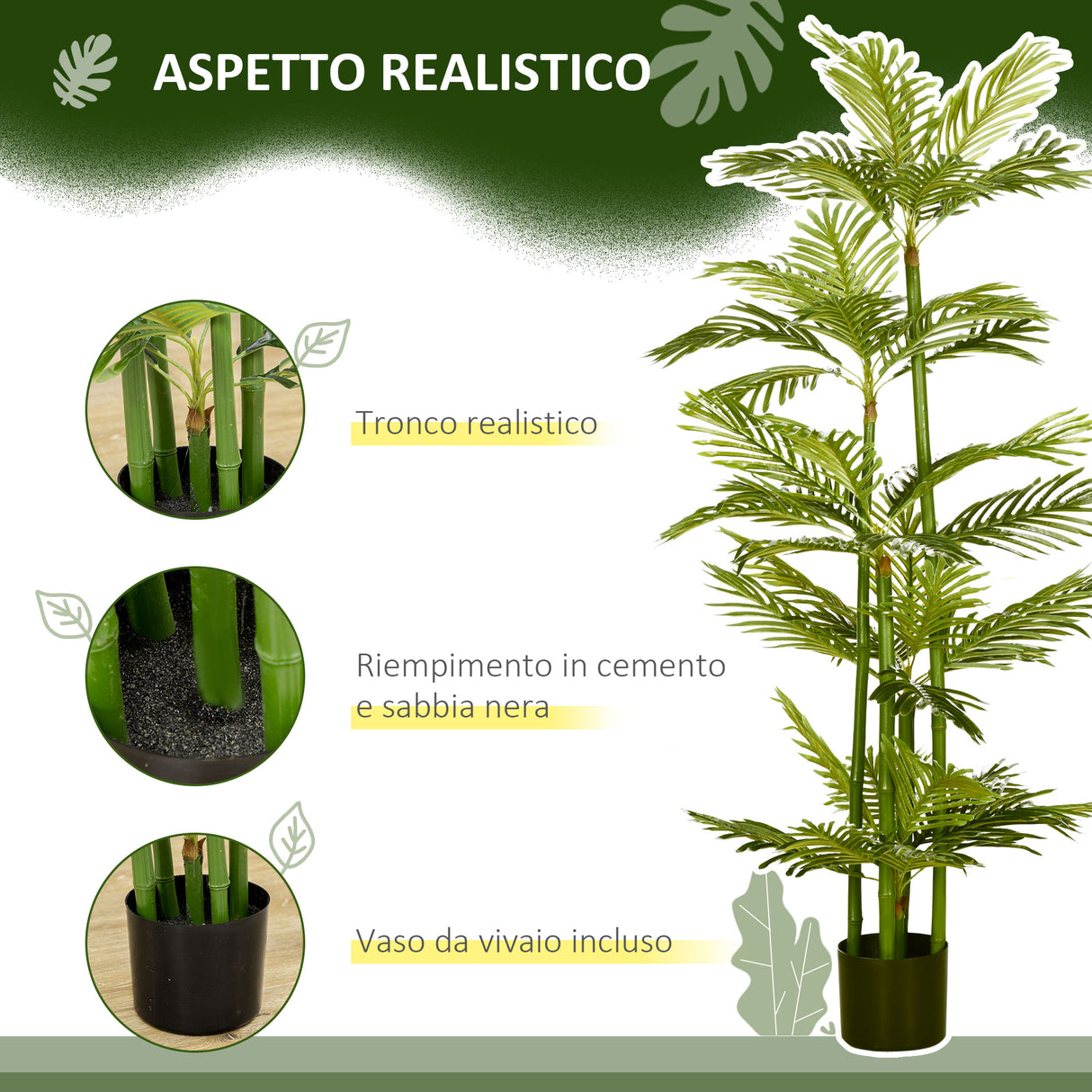 easycomfort easycomfort pianta artificiale di palma da 140 cm a 45 foglie e 5 rami con vaso 15x12 cm per interni ed esterni verde