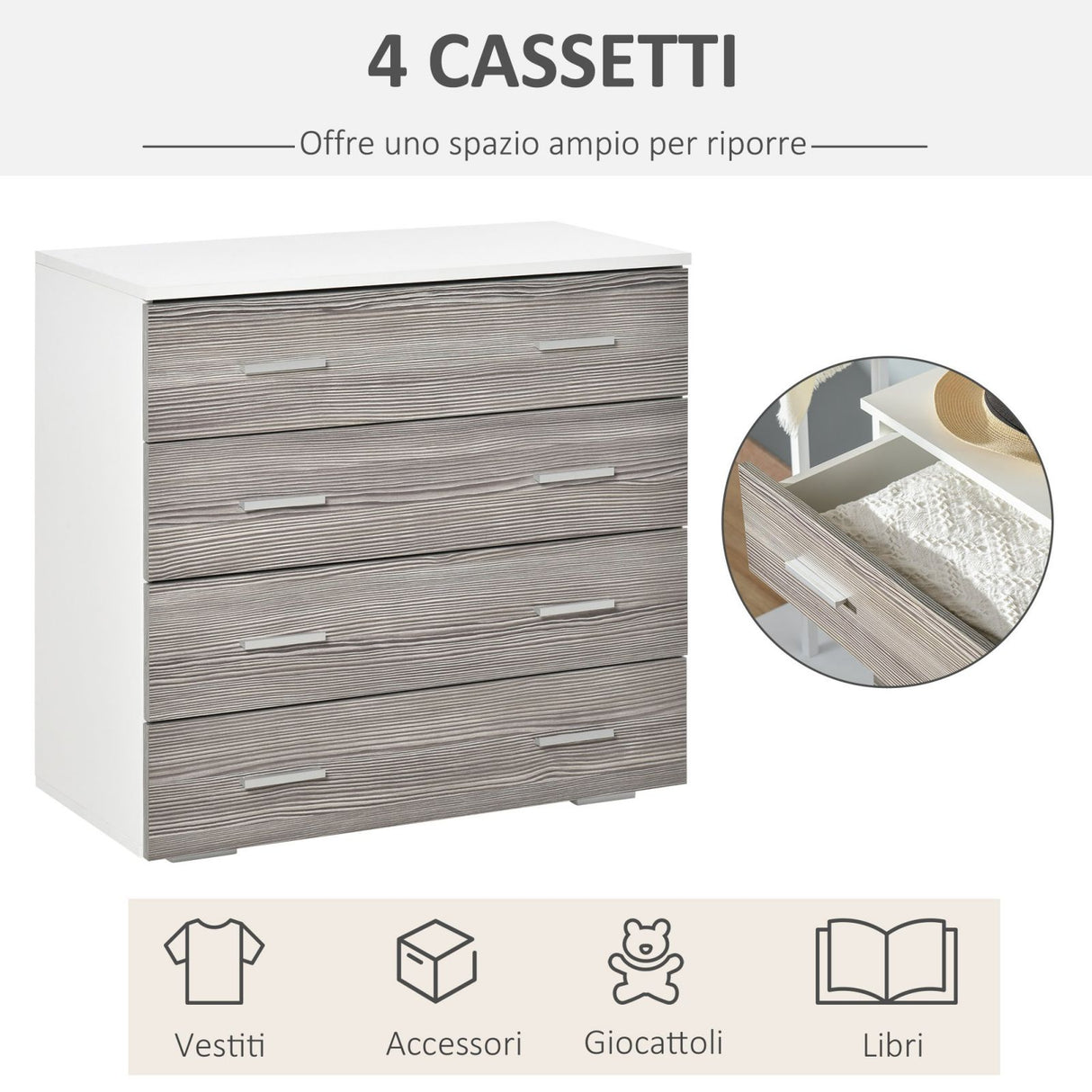 easycomfort easycomfort cassettiere con 4 cassetti con maniglie in alluminio e struttura in legno 76x35x72cm bianco grigio
