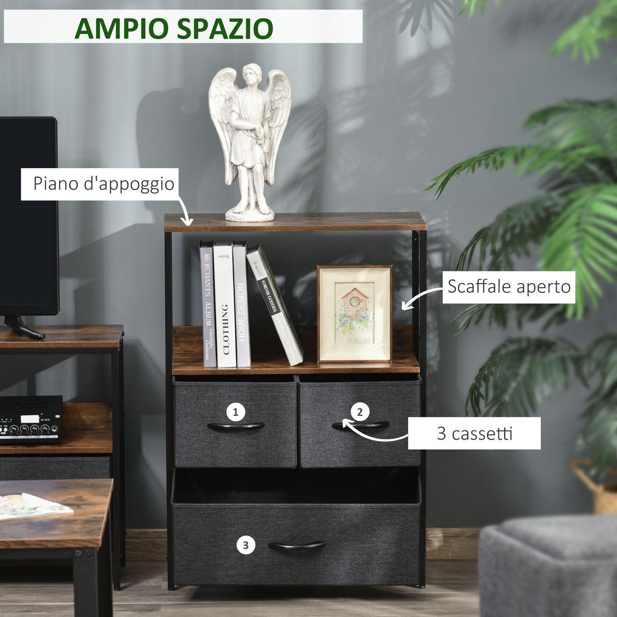 easycomfort easycomfort mobile cassettiera multiuso con 3 cassetti in tessuto 58x29x81.5cm marrone