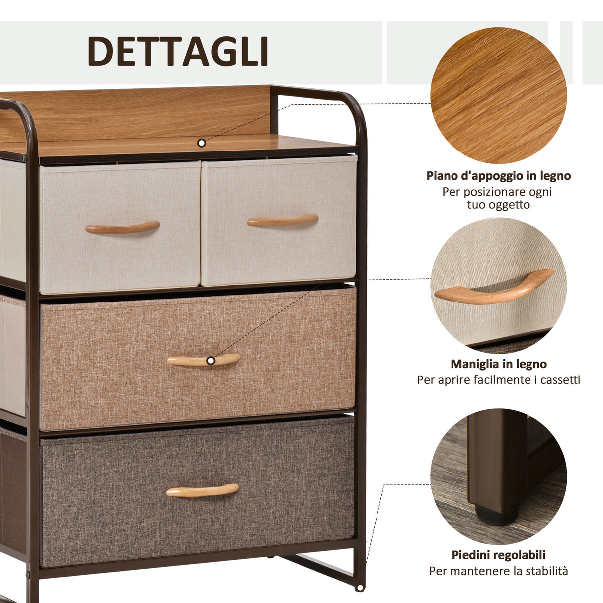 easycomfort easycomfort cassettiera 4 cassetti in tessuto e ripiano rigido 58x29x78.5cm legno